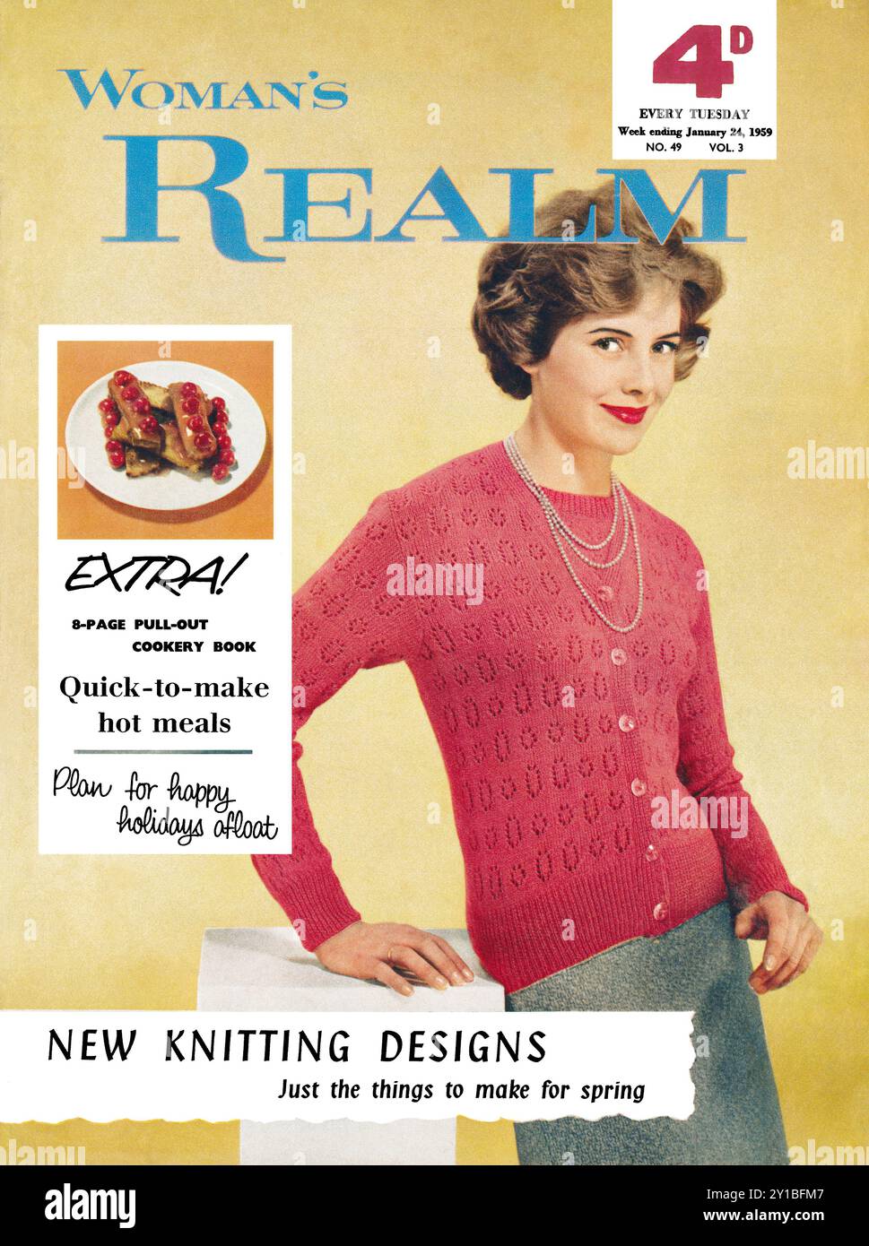 Titelblatt des Vintage-Magazins von Woman's Realm vom 24. Januar 1959. Eine Frauenzeitschrift mit Rezepten, Schneiderei und Mode. Stockfoto