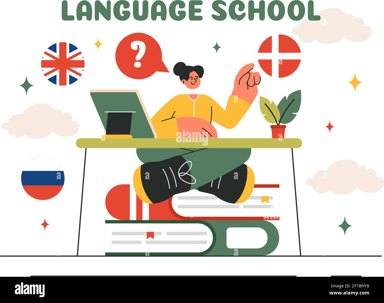 Sprachschule Vektor-Illustration von Online-Lernen, Kursen, Trainingsprogrammen und Fremdsprachenlernen im Ausland in einem flachen Hintergrund Stock Vektor