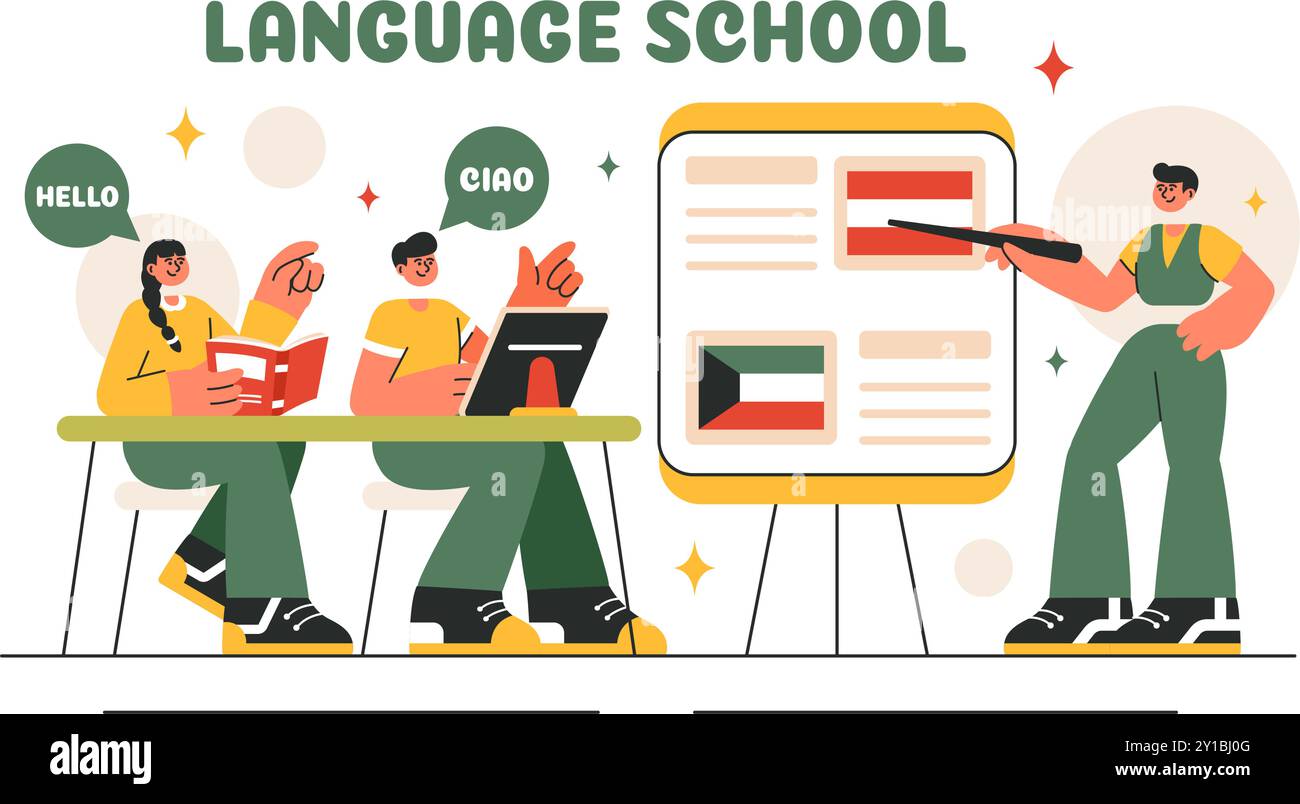 Sprachschule Vektor-Illustration von Online-Lernen, Kursen, Trainingsprogrammen und Fremdsprachenlernen im Ausland in einem flachen Hintergrund Stock Vektor