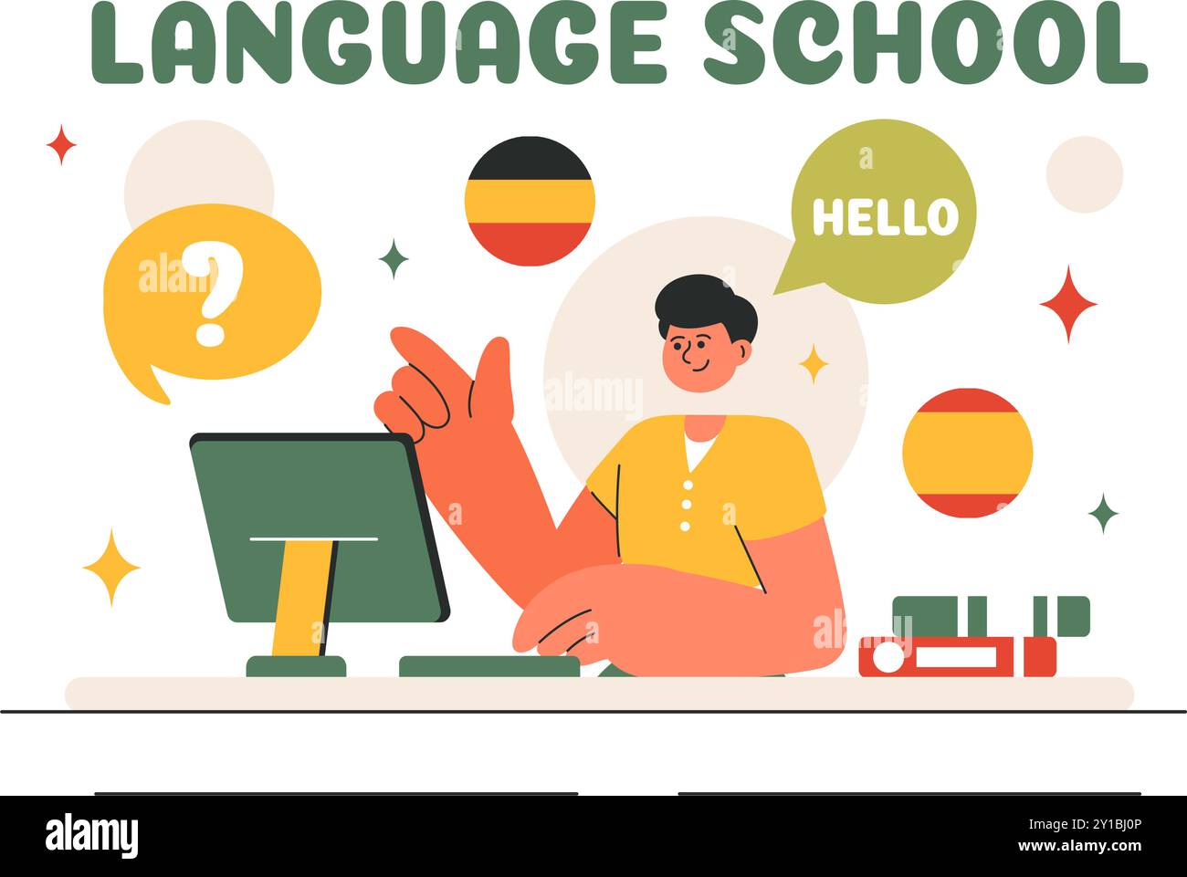 Sprachschule Vektor-Illustration von Online-Lernen, Kursen, Trainingsprogrammen und Fremdsprachenlernen im Ausland in einem flachen Hintergrund Stock Vektor