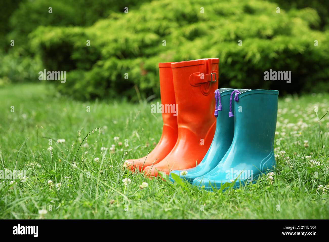 Zwei Paar Gummistiefel auf grünem Gras im Freien Stockfoto