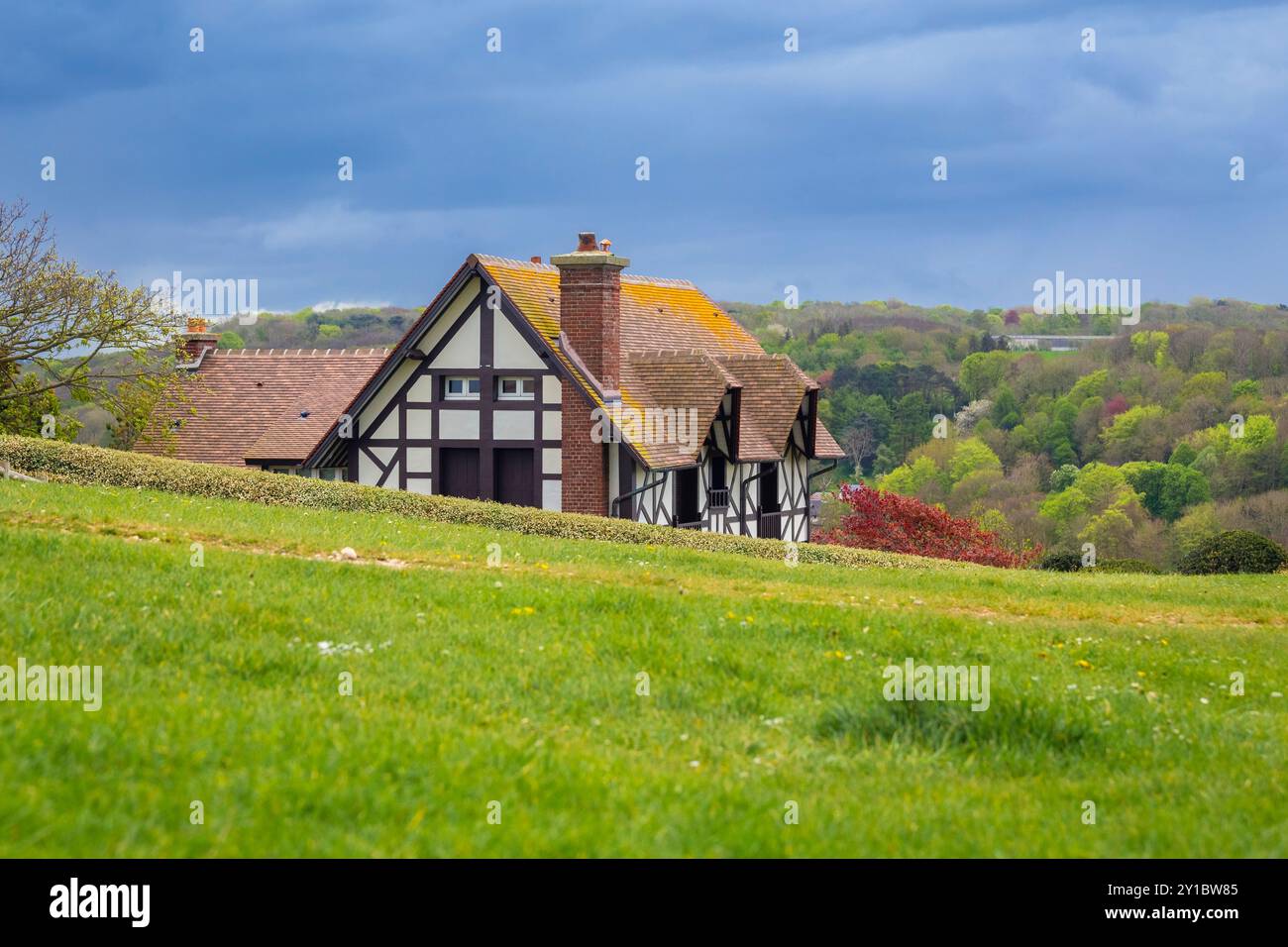 Blick auf die Häuser der Stadt Etretat. Departement seine-Maritime, Region Normandie, Frankreich, Europa. Stockfoto