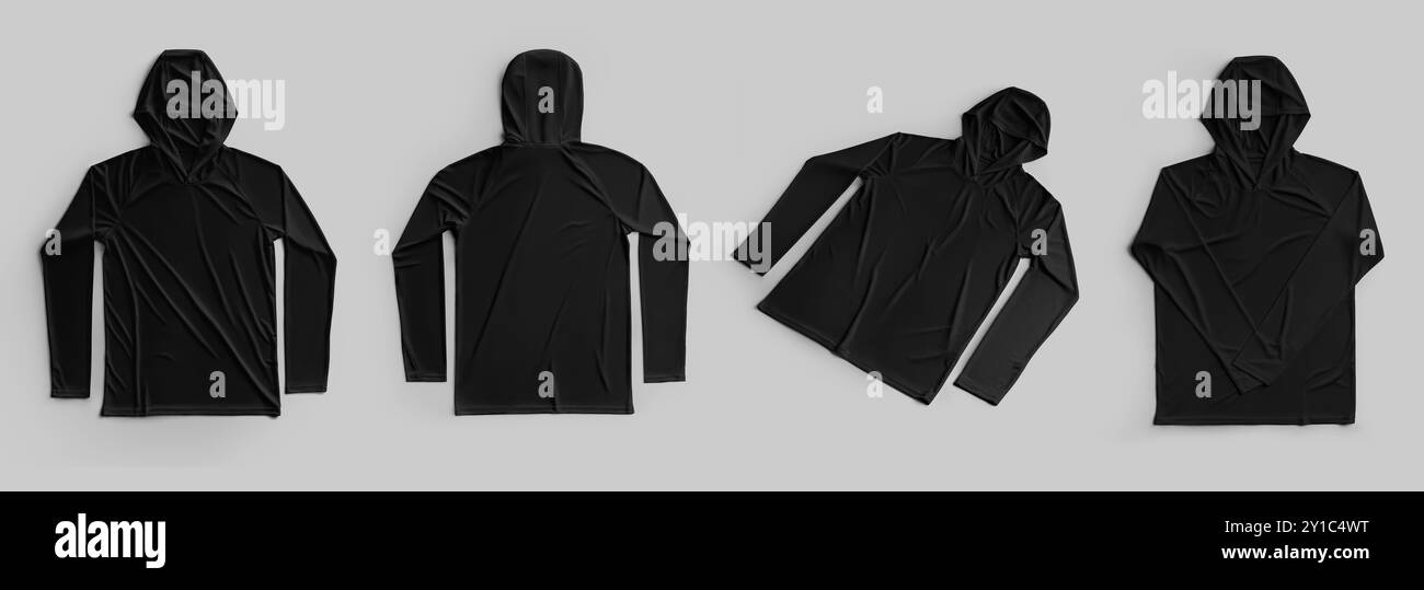 Modell aus schwarzem, entfaltetem Sonnenschutz für Langarm, Hoodie-Präsentation für Design, Branding, Muster, Vorder- und Rückansicht. Sportswear Vorlage, isoliert Stockfoto