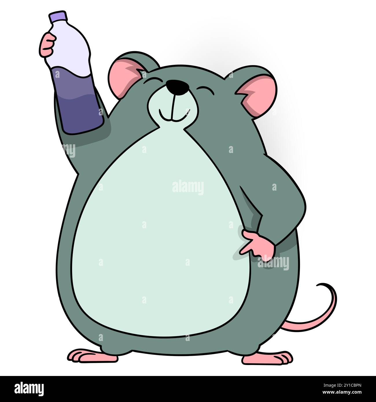 Eine fette Ratte trinkt Limonade aus einer Flasche und ist glücklich Stock Vektor