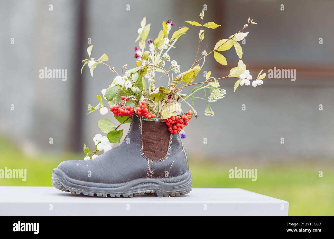 Schwarzer Stiefel als kreativer Pflanztopf für Blumen Stockfoto