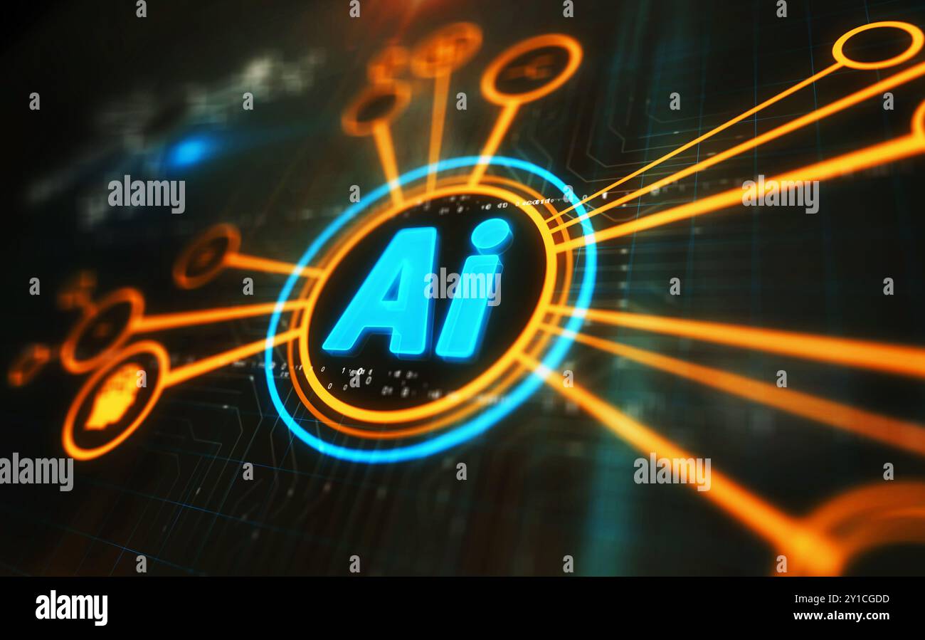 Künstliche Intelligenz KI Symbol digitales Konzept. Netzwerk-, Cyber-Technologie-Zeichen und abstrakte 3D-Illustration des Computerhintergrunds. Stockfoto