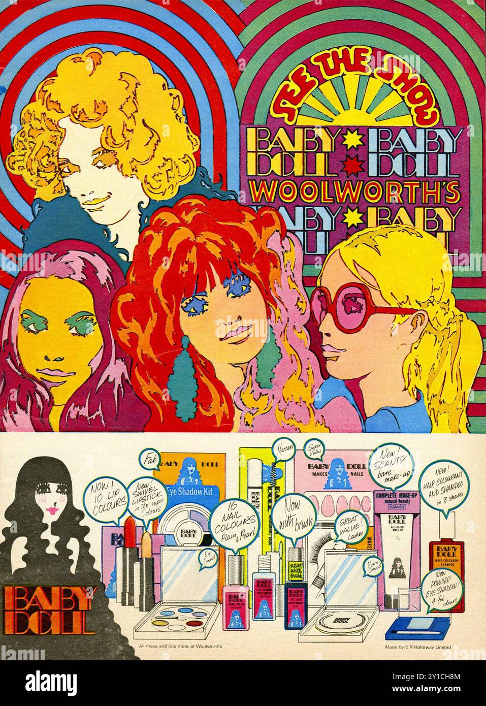 Woolworths eigenes Make-up-Sortiment, Baby Doll. Klassisches psychedelisches Pop-Art-Design, ganzseitige Werbung mit leuchtenden Farben und Grafiken. Mitte der 1960er Jahre Dolly Birds. Logo im Sub-Biba-Stil. Das Bild wurde von Alamy im Internet gelöscht Stockfoto