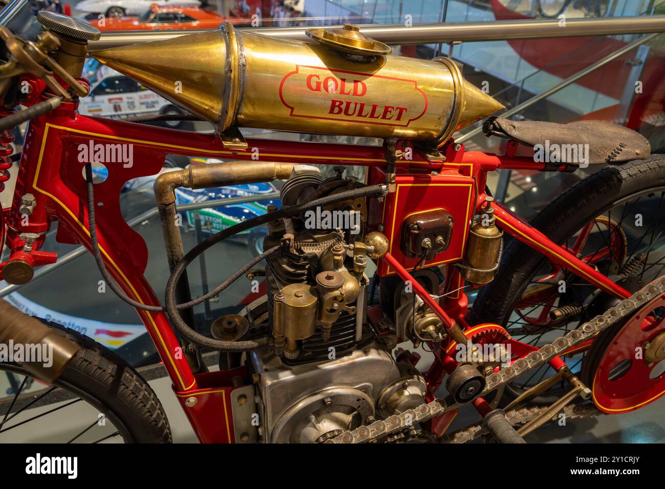 Ein Vintage 1919 Hamilton Motorrad im Automobilmuseum von Termas de Rio Hondo, Argentinien. Stockfoto