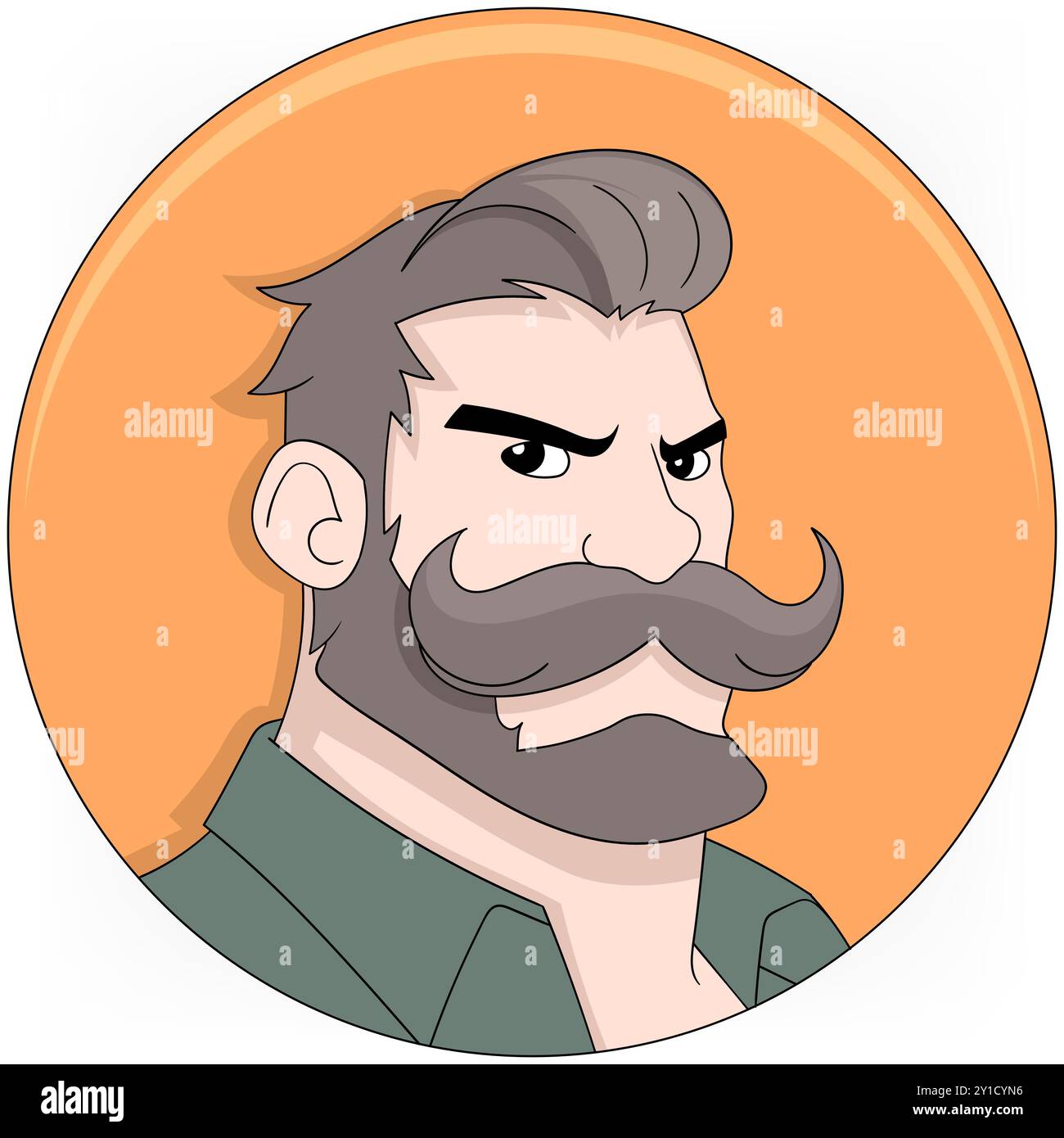 Doodle Cartoon-Avatar-Logo, alter Mann mit Schnurrbart und Bart mit verdächtigem Gesicht Stock Vektor