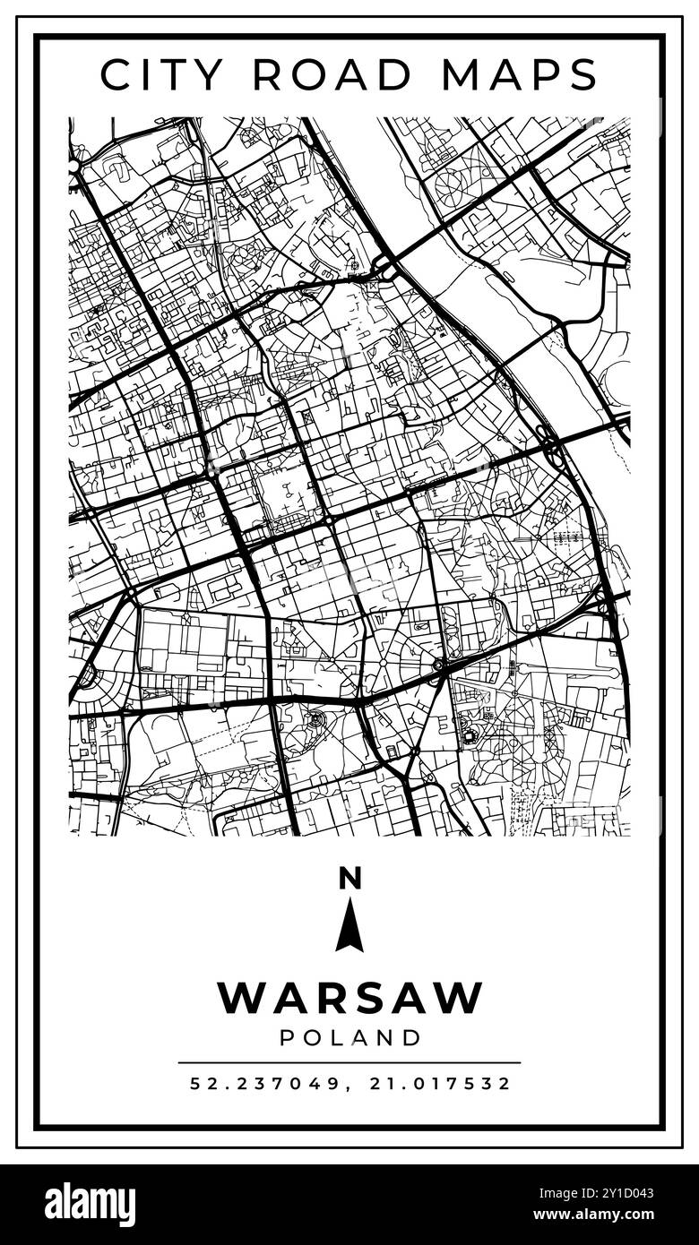 Einfarbige Linienart Karte der polnischen Hauptstadt Warschau, Illustration und Wohndekoration Stock Vektor