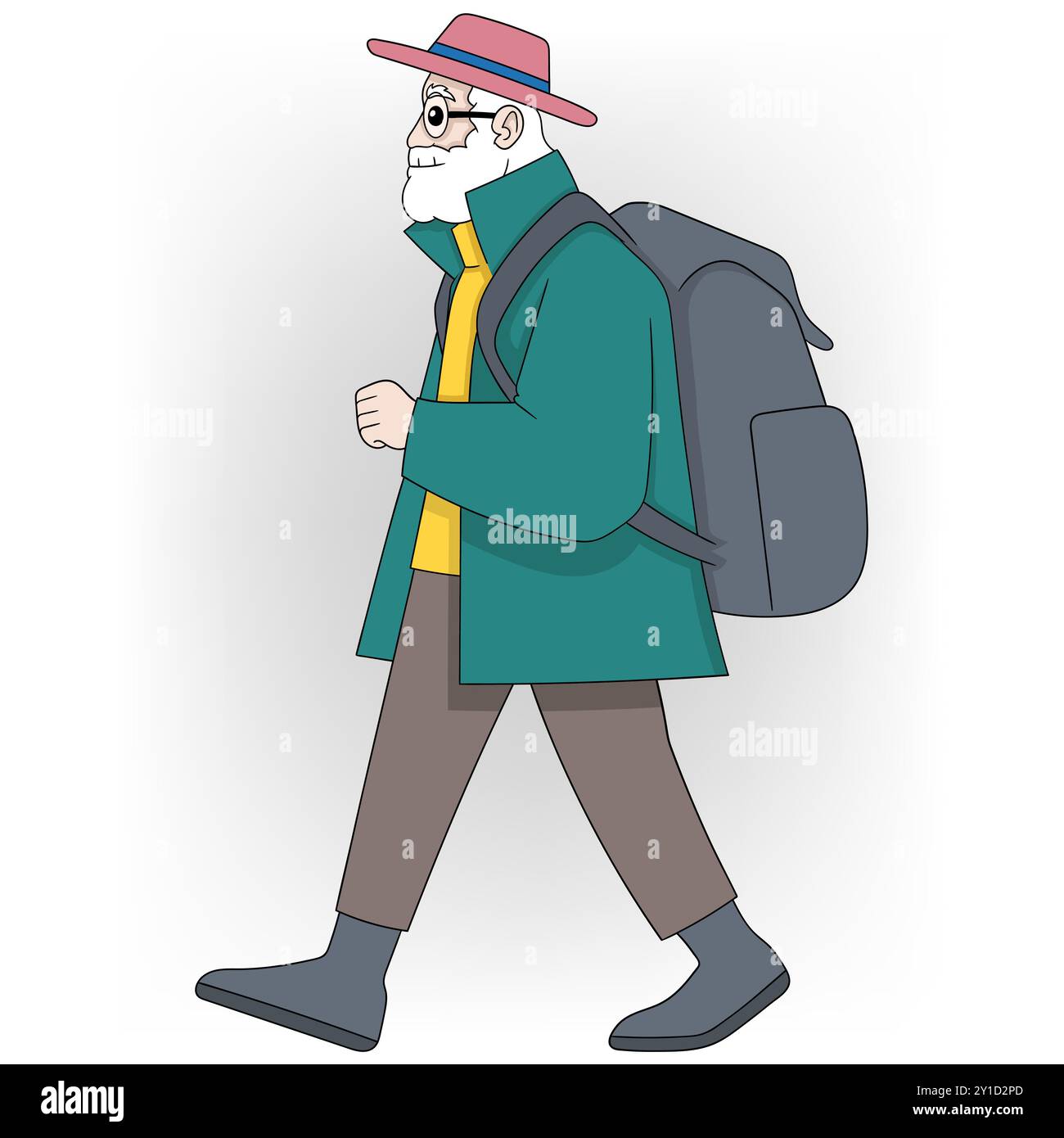 Eine Illustration eines älteren Mannes mit weißem Bart und Brille, mit rosafarbenem Hut, grünem Mantel und brauner Hose. Stock Vektor