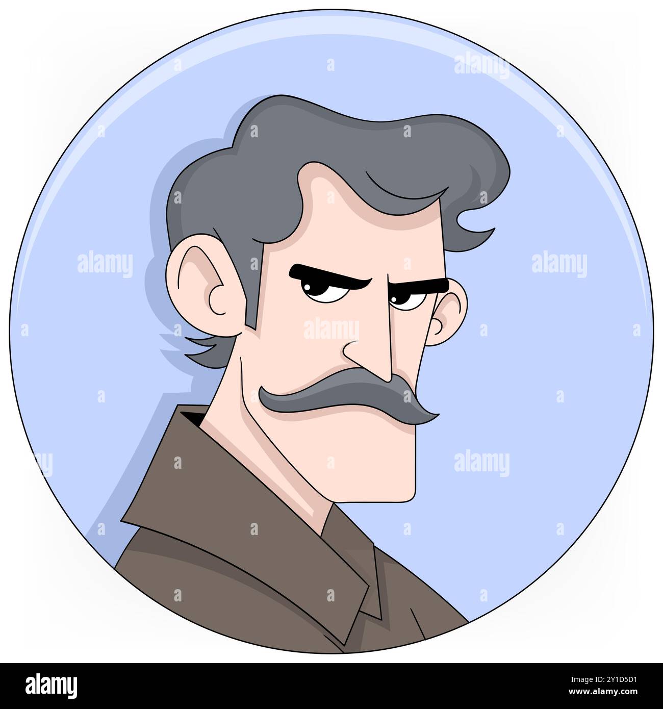 Doodle Cartoon-Avatar-Logo, alter Mann mit Schnurrbart mit verdächtigem Gesicht Stock Vektor