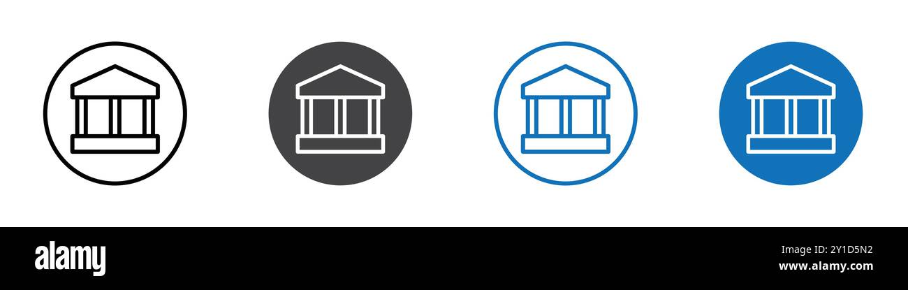 Bank Icon Logo-Zeichen in dünner Linie, Umrissset und Gruppensammlung Stock Vektor