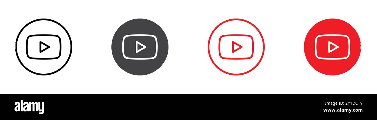 YouTube Icon Logo-Zeichen in dünner Linie Kontursatz und Gruppensammlung Stock Vektor