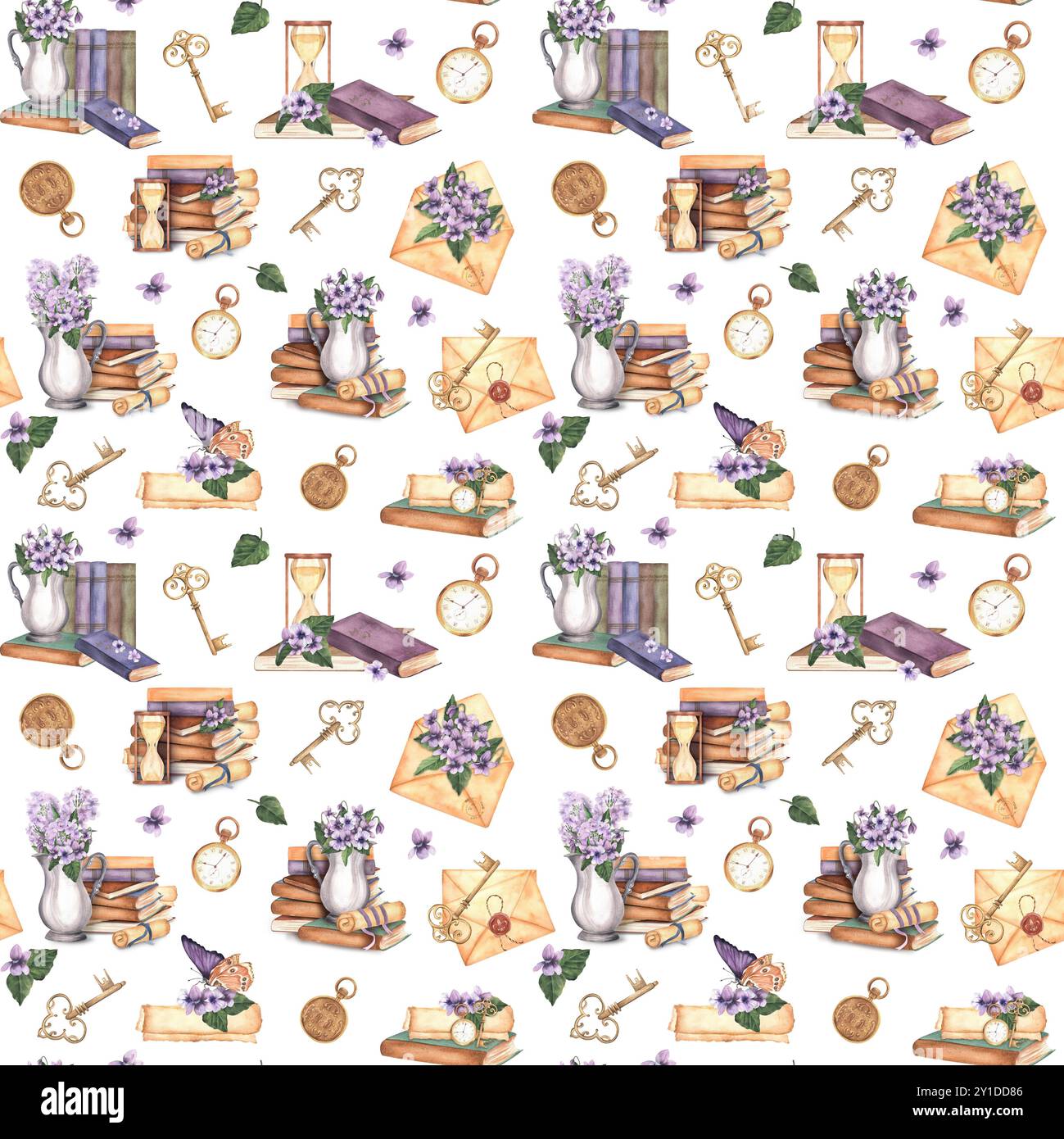 Nahtloses Vintage-Muster mit Büchern, Schlüsseln, Taschenuhr, violetten Blumen, Umschlägen. Handgezeichnete Aquarellillustration. Stockfoto