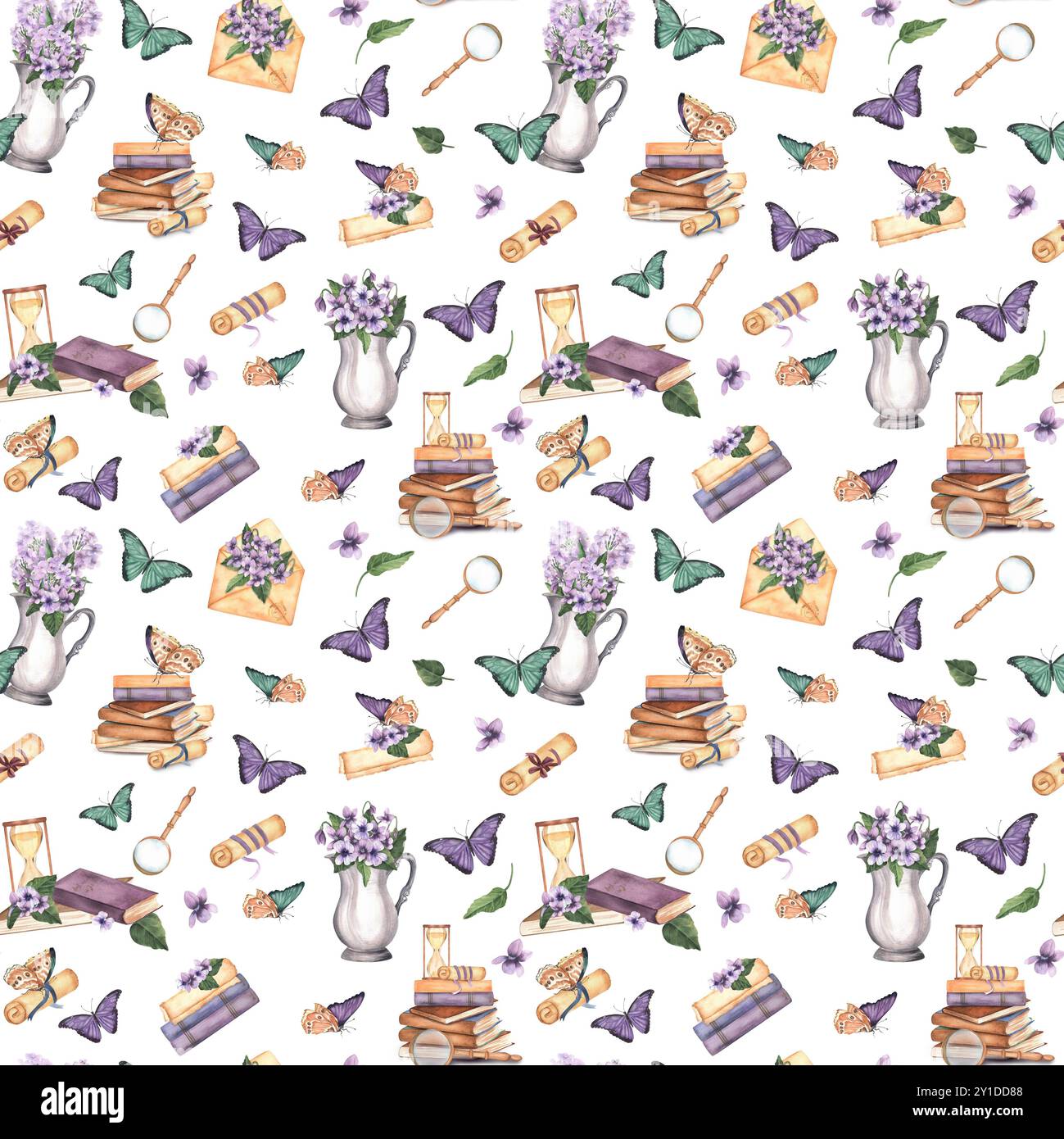 Vintage nahtloses Muster mit Büchern, Schmetterlingen, Rollen, violetten Blumen. Handgezeichnete Aquarellillustration. Stockfoto