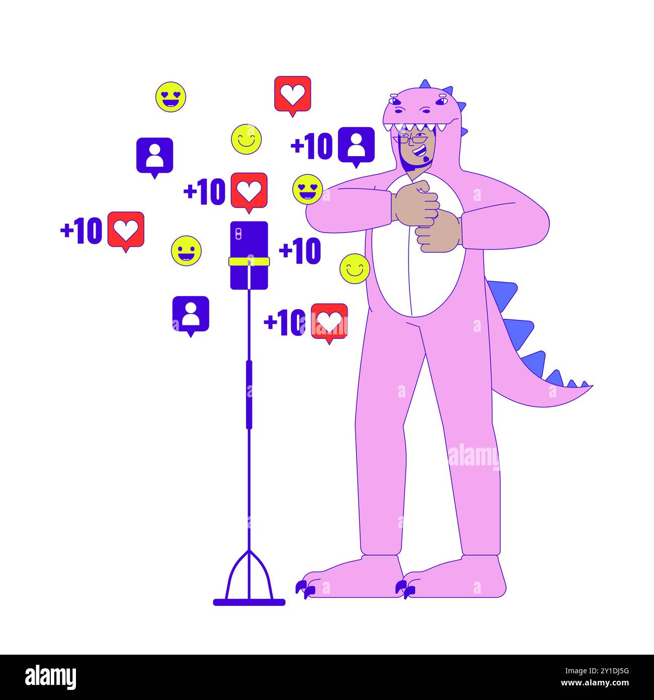 Kigurumi Dinosaurier Mann vor Telefon Kamera 2D lineare Zeichentrickfigur Stock Vektor