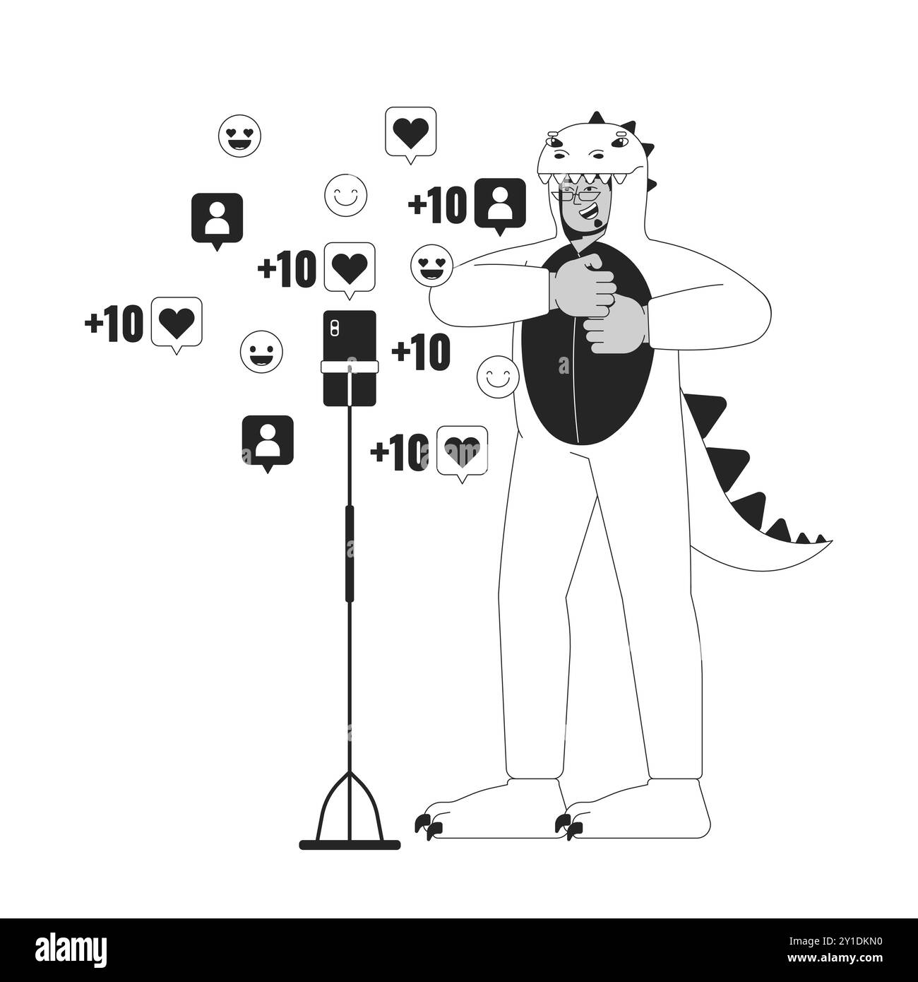 Kigurumi Dinosaurier Mann vor Handy Kamera schwarz-weiß 2D Linie Cartoon Charakter Stock Vektor