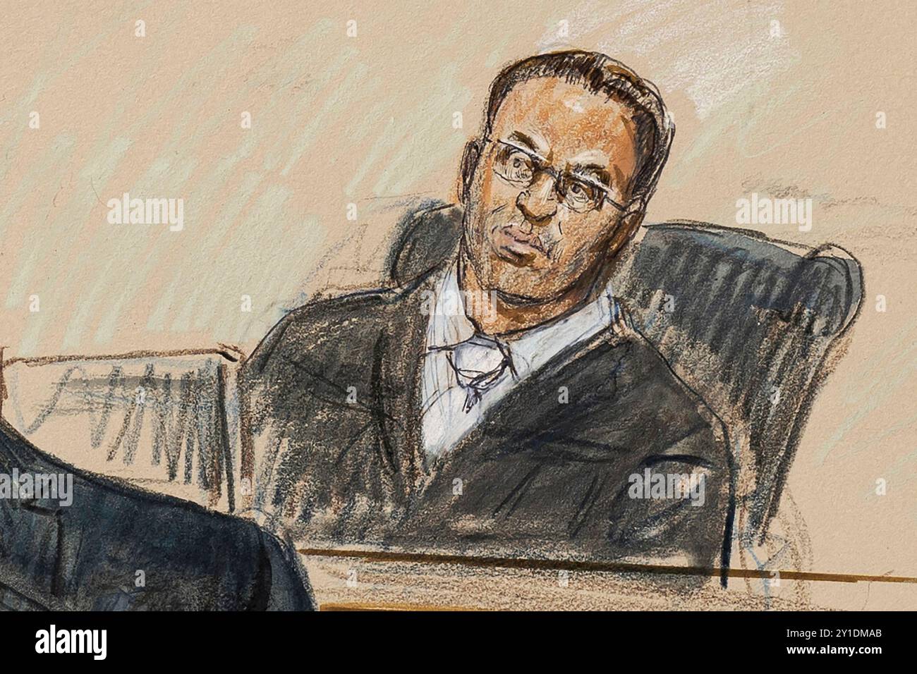 FILE - This artist sketch depicts U.S. District Judge Amit Mehta during a Jan. 6, 2021 trial at the federal courthouse in Washington, Nov. 7, 2022. Mehta assured Capitol rioter Shane Jenkins that he wasn’t getting punished for his political beliefs. Mehta said he was disturbed that Jenkins was selling Jan. 6 merchandise promoting the notion that he and other rioters are political prisoners. He sentenced the Texas man to seven years in prison. (Dana Verkouteren via AP, File) Stockfoto