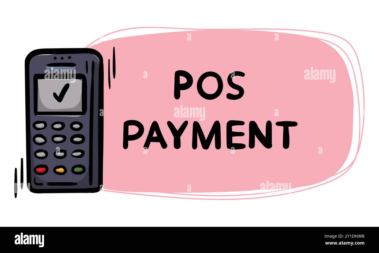 Einfacher handgezeichneter Aufkleber mit Terminal, Text POS-Zahlung. Vektorillustration für Emblem, Etikett, Preisschild, Hintergrund Stock Vektor