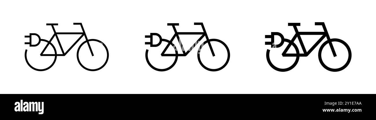 Symbolsatz für Elektrofahrräder. Grünes Symbol für Elektrofahrrad und Ladestation. Umweltfreundliches Linearzeichen-Konzept für Elektrofahrräder. Batteriebetriebener E-Mail-Transport mit dem EPS-Logo Stock Vektor