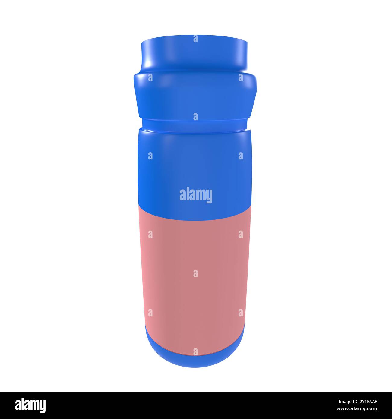 Eine moderne isolierte Flasche mit leuchtendem blauem Oberteil und rosafarbenem Unterteil. Stockfoto