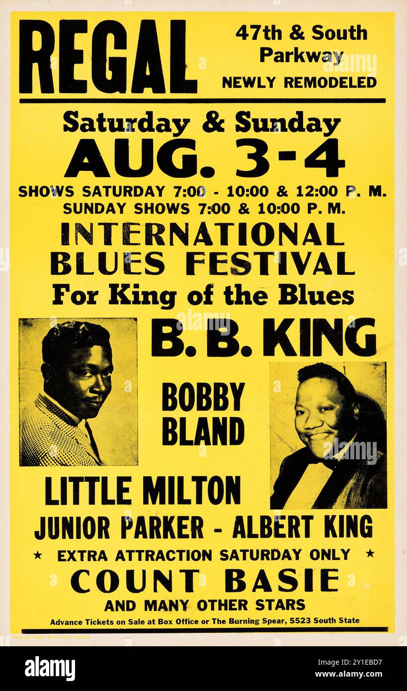 REGAL - B. King, Bobby Bland, Count Basie, Albert King, Little Milton, Junior Parker - 1968 International Blues Festival - Star-Studded Chicago, Illinois Konzertposter Stockfoto