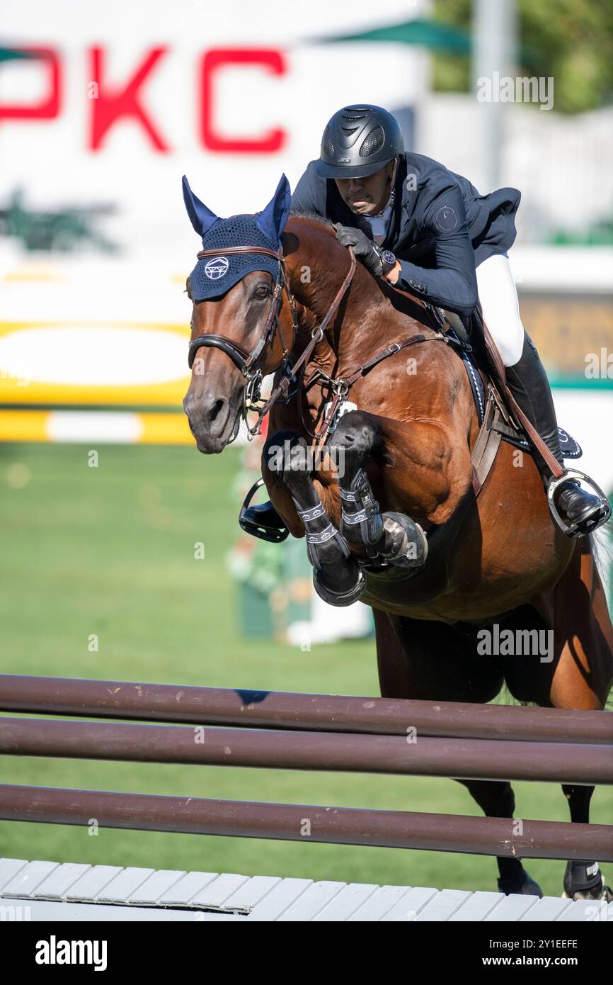 Calgary, Alberta, Kanada, 5. September 2024. Nayel Nassar (EGY) Riding Capital Night Star, The Masters Springreiten, Cana Cup Stockfoto