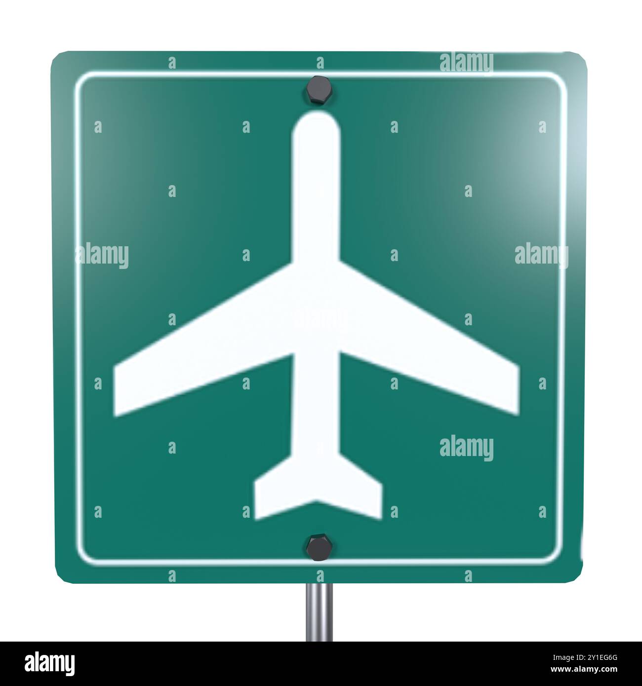 3D-Rendering eines grünen Flughafenschilds mit einer Flugzeugsilhouette Stockfoto