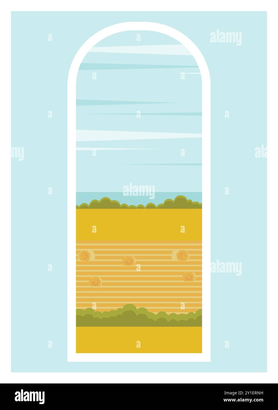 Erntesaison Landschaft mit Heufeld. Ländliche Provinzansicht in Europa. Skyline mit Wolken Illustration im Cartoon-Stil. Getreideernte. Trockener Grasmet Stock Vektor