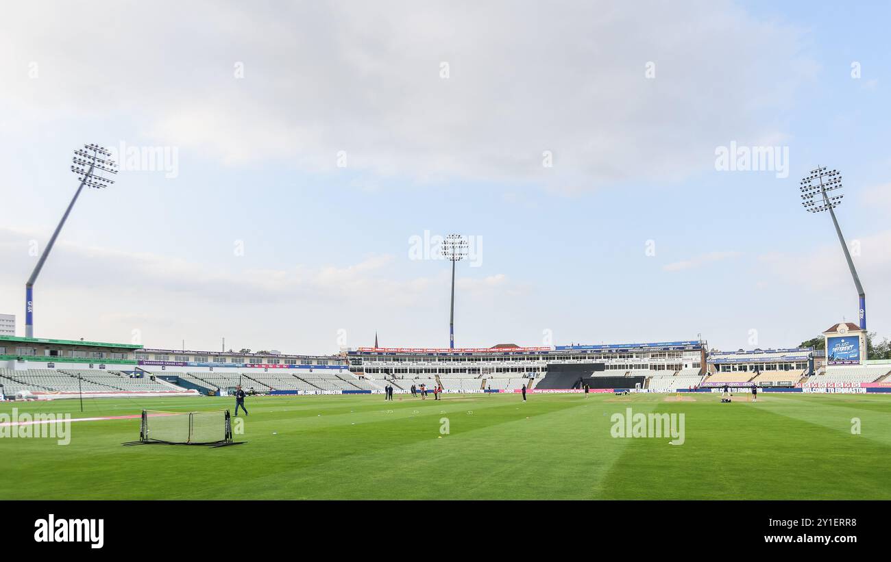 Aufgenommen in Birmingham, Großbritannien am 6. September 2024 im Warwickshire County Cricket Club, Edgbaston. Das Bild ist der Spielplatz vor dem Spiel im Vitality Blast Quarter Final 2024 zwischen Warwickshire CCC und Gloucestershire CCC. Das Bild ist nur für redaktionelle Zwecke bestimmt – Verleihung an Stu Leggett über Alamy Live News Stockfoto