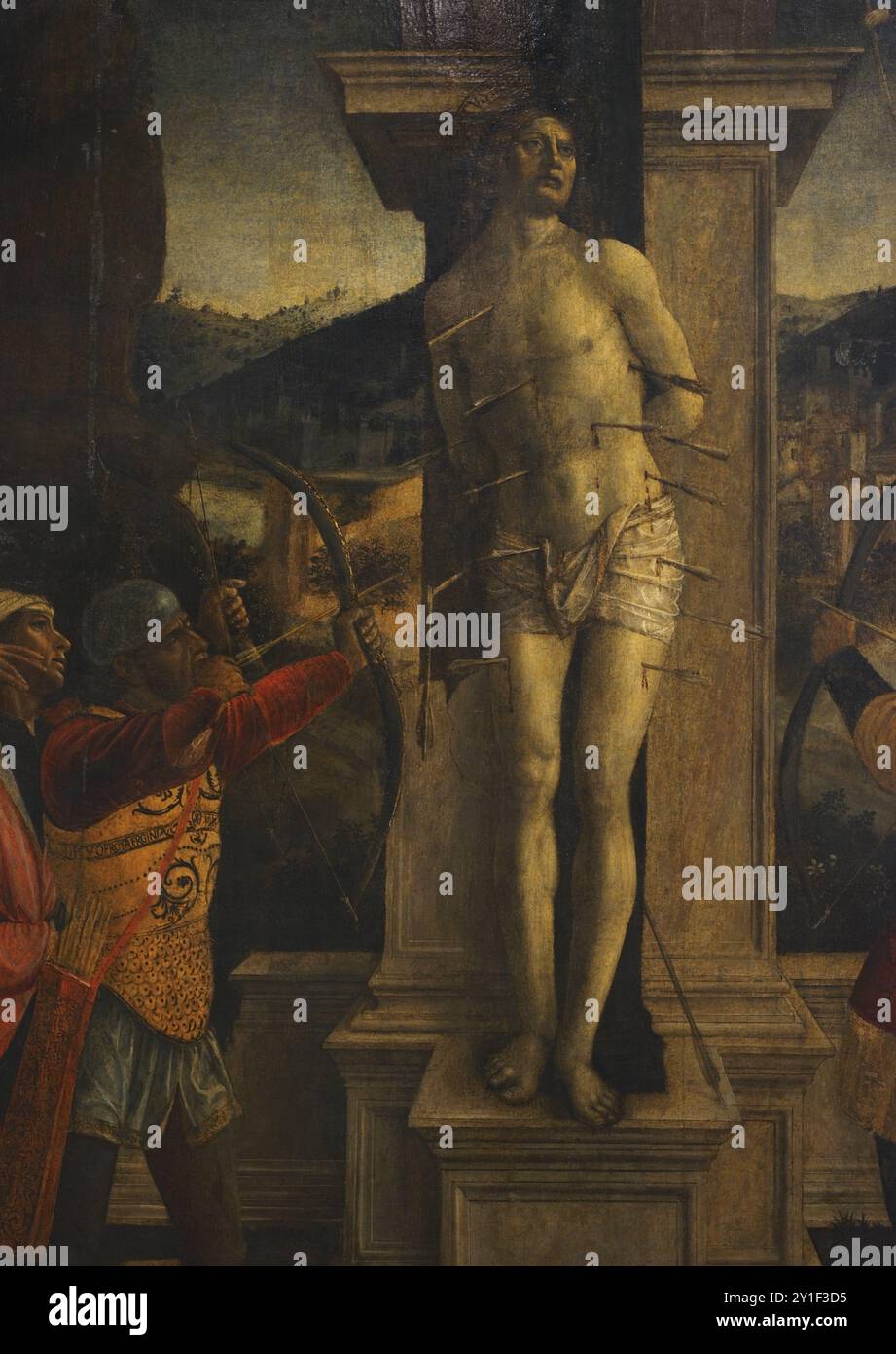 Vincenzo Foppa (1430-1516). Italienischer Maler. Martyrium St. Sebastian, 1490-1500. Öl auf Holzplatte auf Leinwand übertragen. Details. Pinacoteca Castello Sforzesco, Mailand, Italien. (Leihgabe von Civico Templo di San Sebastiano, Mailand). Stockfoto