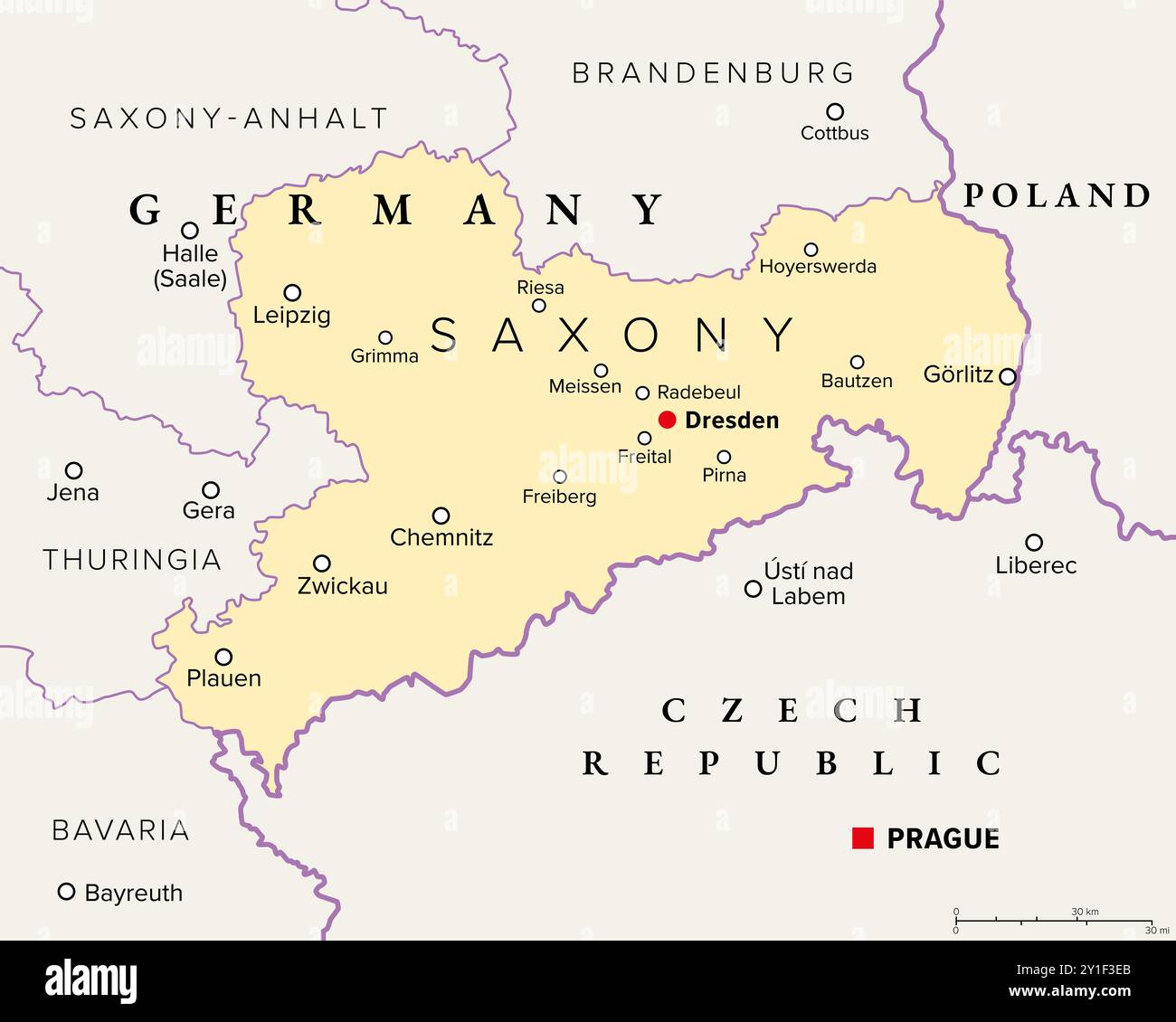 Sachsen, ein Bundesland in Deutschland, politische Karte mit Hauptstadt Dresden, Grenzen und größten Städten. Offiziell der Freistaat Sachsen. Stockfoto