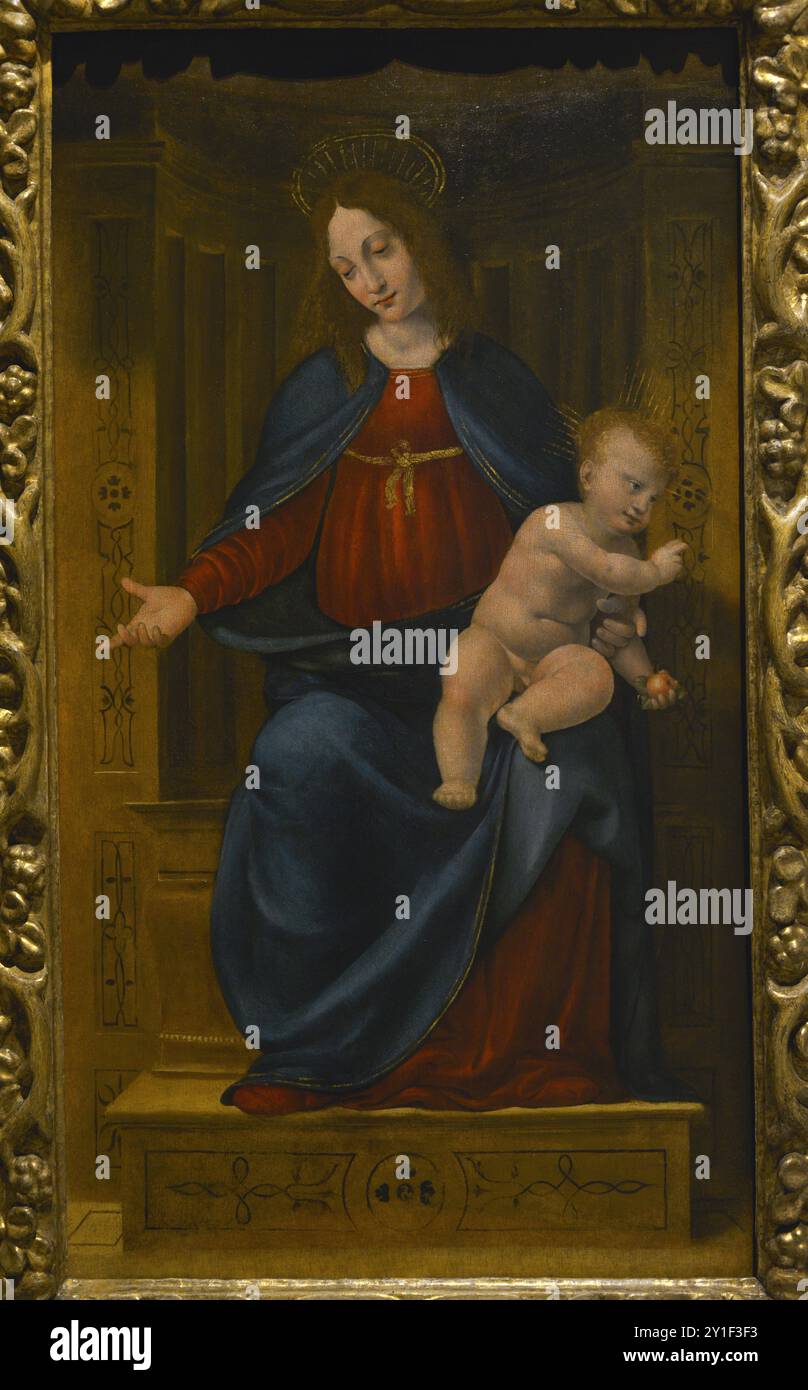 Pseudo Boltraffic. Name eines unbekannten Malers der Lombardenschule, der zwischen 1500 und 1530 in Mailand tätig war. Madonna throned with Child, 1510-1515. Öl auf Holzplatte. Pinacoteca Castello Sforzesco, Mailand, Italien. Stockfoto