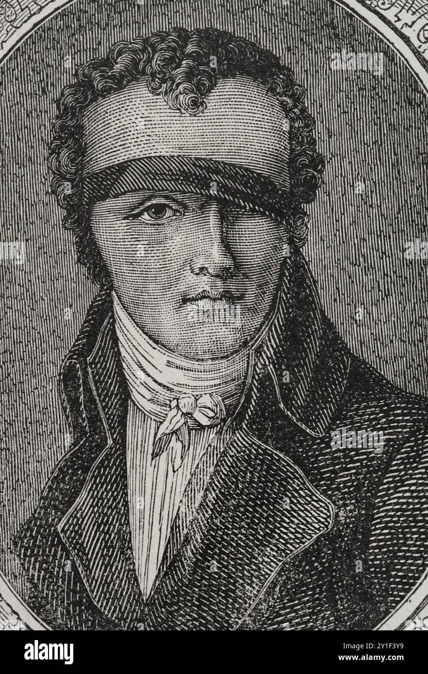 Nicolas-Jacques Conté (1755-1805). Französischer Offizier und Aeronaut. Er diente in der napoleonischen Armee während des ägyptischen Feldzugs. Erfinder des modernen Bleistifts. Hochformat. Gravur. "Geschichte der Französischen Revolution". Band I, 2. Teil, 1879. Stockfoto