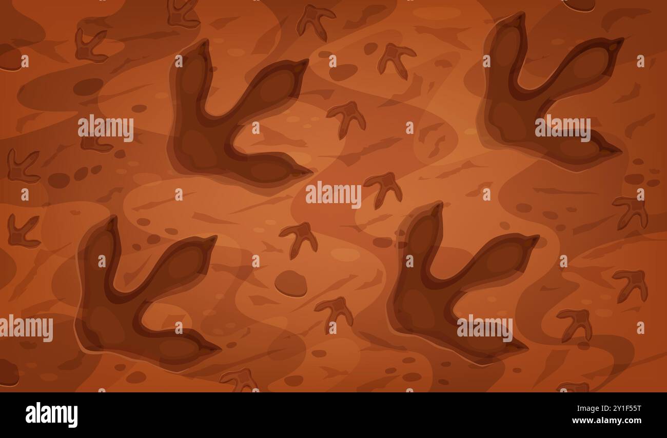 Dinosaurier-Fossilienspuren der prähistorischen Zeit. Zeichentrickvektor-Hintergrund mit alten Dino Reptil Tier Pfotenabdrücken, Trail-Eindruck auf dem Boden. Archäologische und paläontologische Funde aus der jurassischen Zeit Stock Vektor