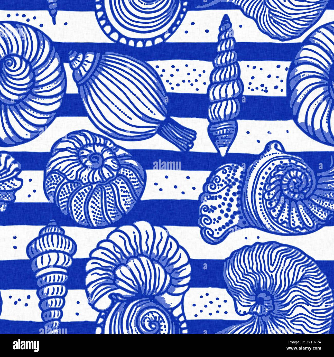 Modernes Cottage am Strand im rustikalen Muschelblock-Muster im Stil des Sealife Beach. Azurblaues weißes Muschelmotiv mit Leinennägeln Stockfoto