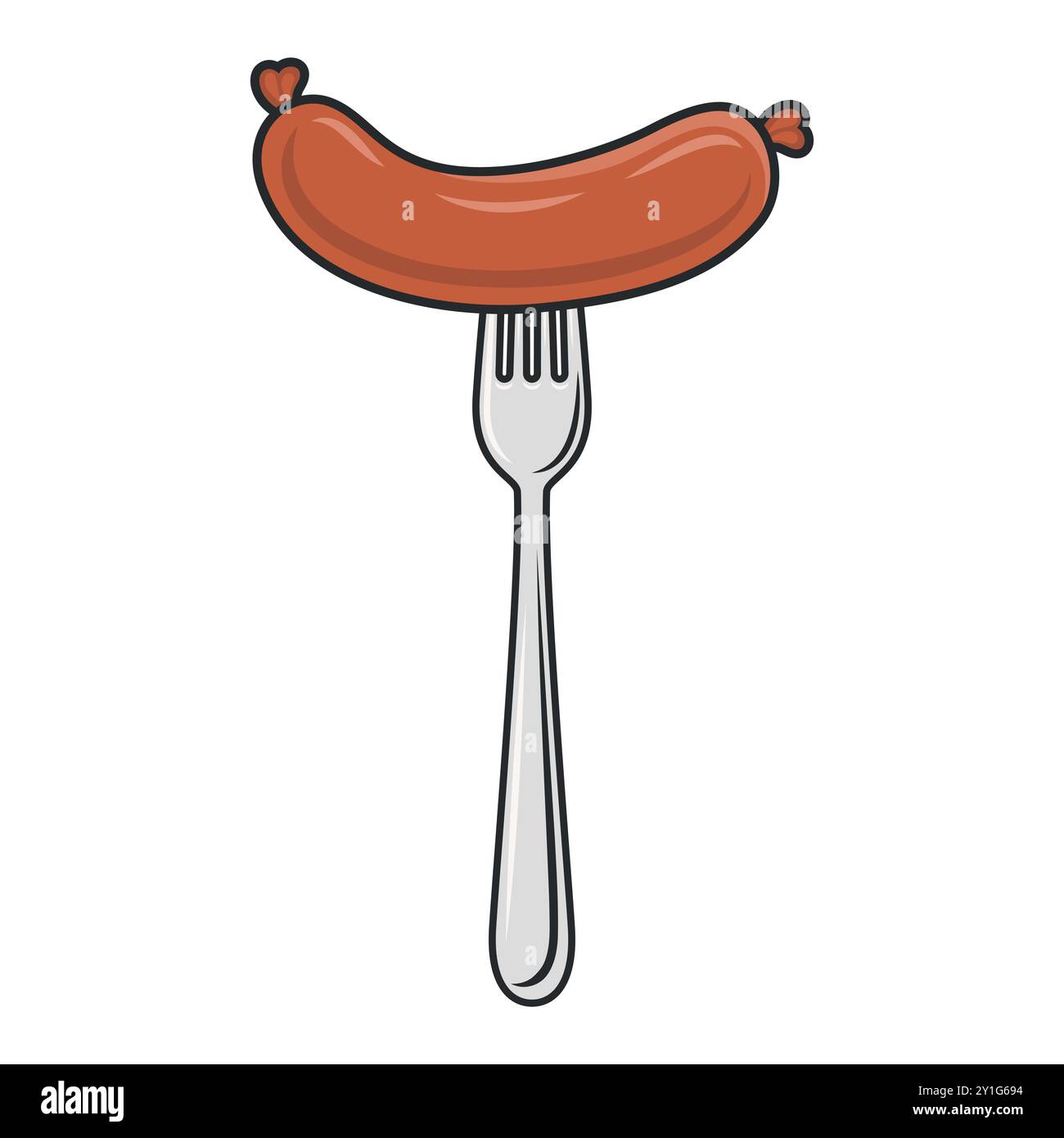 Flache Vektor-Cartoon-Wurst auf Gabel mit Umrissnaht isoliert auf weißem Hintergrund. Vektor-Lebensmittel-Illustration für Menü, Grill und kulinarisches Design Stock Vektor