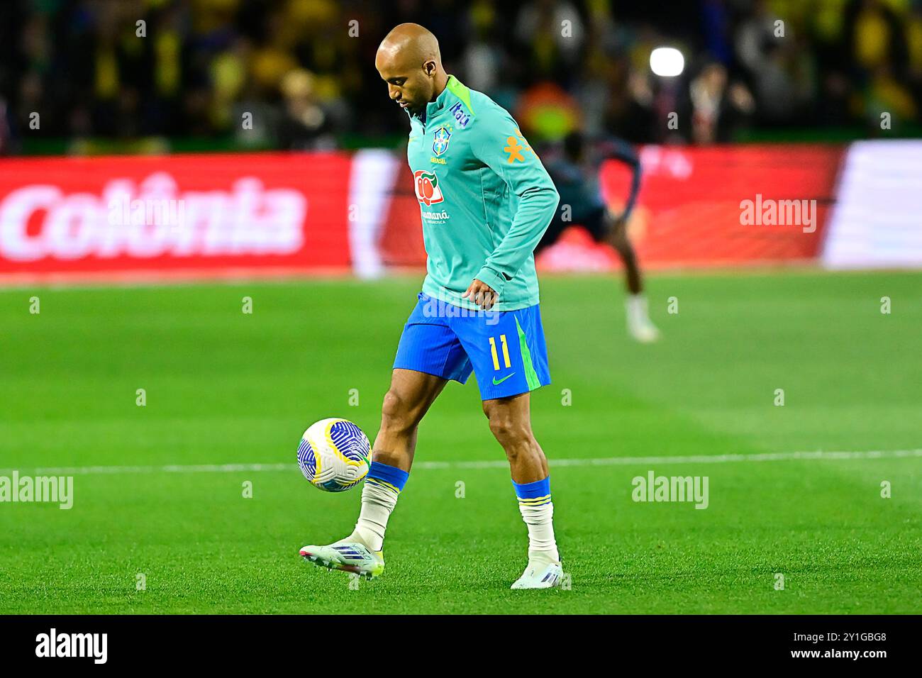 Curitiba (PR), 09/2024 - Fußball/BRASILIEN X EQUADOR - Lucas Moura aus Brasilien - Spiel zwischen BRASIL X EQUADOR, gültig für die siebte Runde der Qualifikation zur Weltmeisterschaft 2026, die am Abend dieses Freitag, den 6., im Couto Pereira Stadium in Curitiba ausgetragen wurde. (Foto: Eduardo Carmim/Alamy Live News) Stockfoto