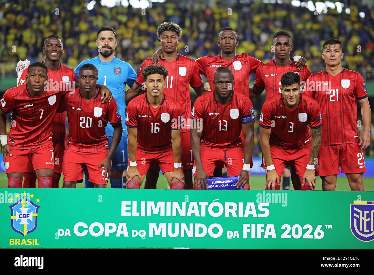 Curitiba, Brasilien. September 2024. Moises Caicedo, Hernan Galíndez, Kevin Rodriguez, Willian Pacho, Felix Torres, Alan Franco, Pervis Estupinan, Sebastian Mendez, Jeremy Sarmiento, Enner Valencia, Piero Hincapie aus Ecuador posiert für Foto vor dem Spiel zwischen Brasilien und Ecuador für die 7. Runde der Qualifikation zur FIFA 2026 im Couto Pereira Stadium in Curitiba, Brasilien am 06. September 2024 Foto: Heuler Andrey/DiaEsportivo/Alamy Live News Credit: DiaEsportivo/Alamy Live News Stockfoto