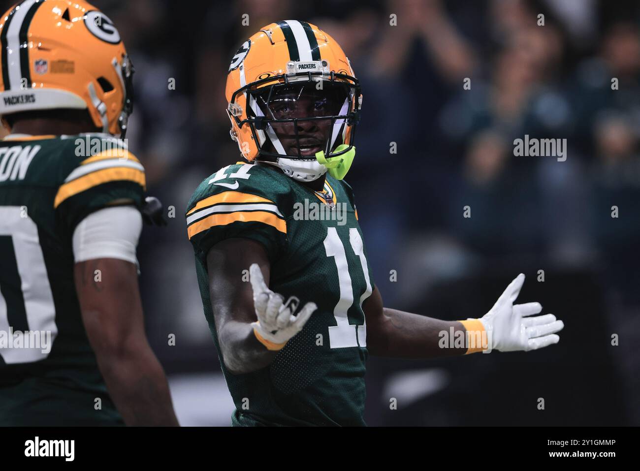 Sao Paulo, Brasilien. September 2024. SP - SAO PAULO - 09/06/2024 - NFL, PHILADELPHIA EAGLES VS GREEN BAY PACKERS - Jayden Reed von den Green Bay Packers während des Spiels gegen die Philadelphia Eagles im Arena Corinthians Stadion, zur Eröffnung der NFL Meisterschaft. Foto: Ettore Chiereguini/AGIF (Foto: Ettore Chiereguini/AGIF/SIPA USA) Credit: SIPA USA/Alamy Live News Stockfoto