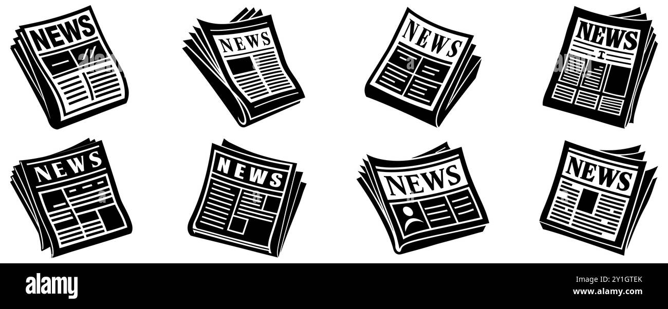 Zeitungssymbole eingestellt. Schwarzes Nachrichtenblatt isoliert auf weißem Hintergrund. Konzept von Nachrichten, Medien und Journalismus sowie persönliche Nachrichten. Vektorillus Stock Vektor