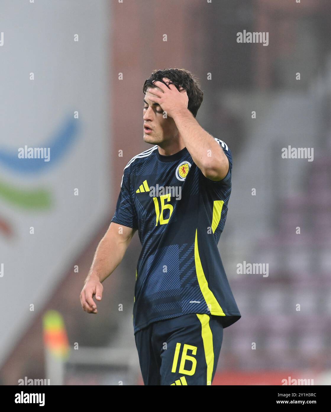. Qualifikation zur UEFA-U21-Meisterschaft Schottland gegen Spanien. , . Tynecastle Park, Edinburgh. Scotland U21 Lewis Neilson of (St Johnstone auf Leihgabe von Hearts) Credit: eric mccowat/Alamy Live News Stockfoto