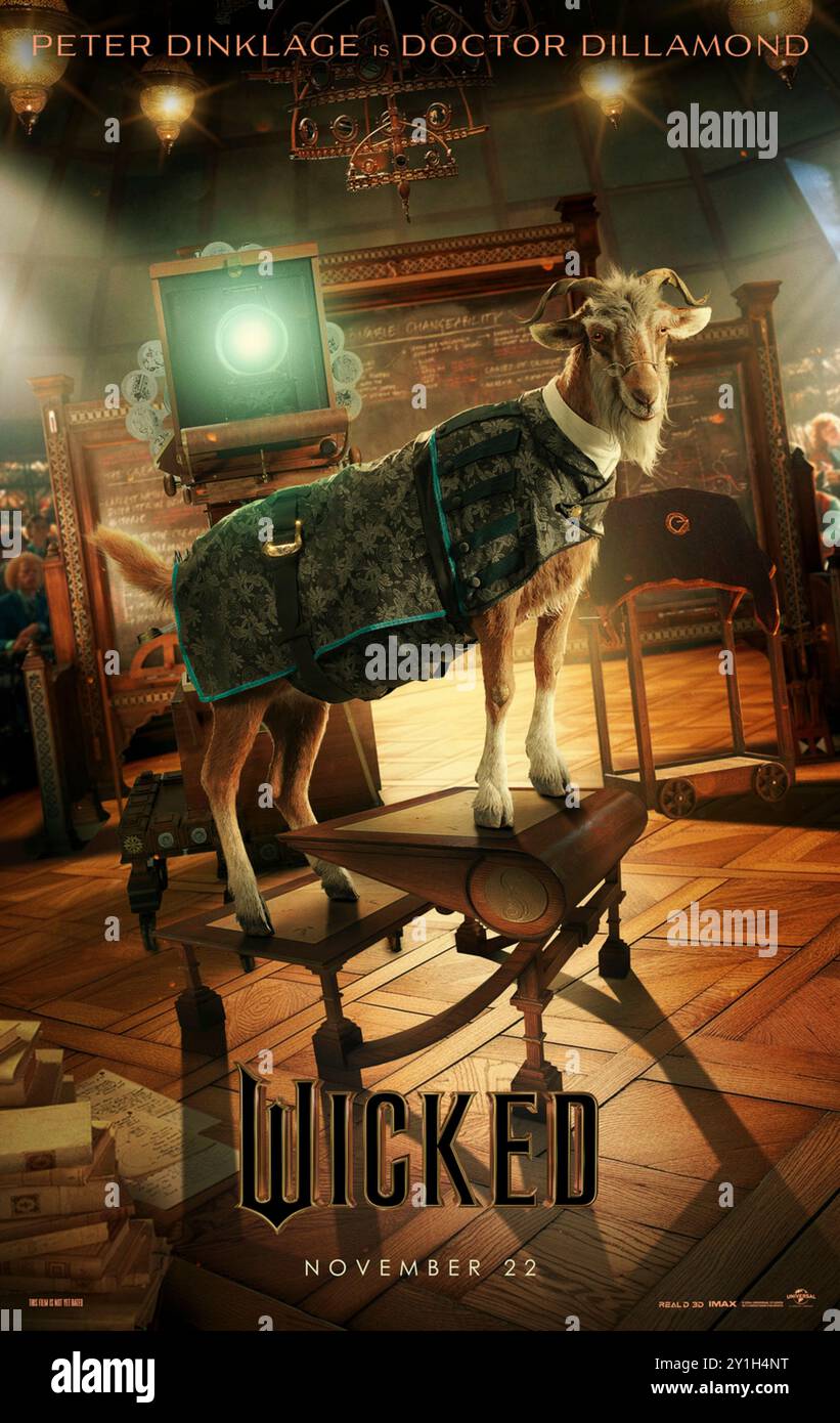 Wicked (2024) unter der Regie von Jon M. Chu mit Peter Dinklage als Doktor Dillamond in einer Adaption des Broadway-Musicals nach dem Buch The Wicked: The Life and Times of the Wicked Witch of the West von Gregory Maguire. Poster mit US-Zeichen ***NUR FÜR REDAKTIONELLE ZWECKE***. Quelle: BFA / Universal Pictures Stockfoto
