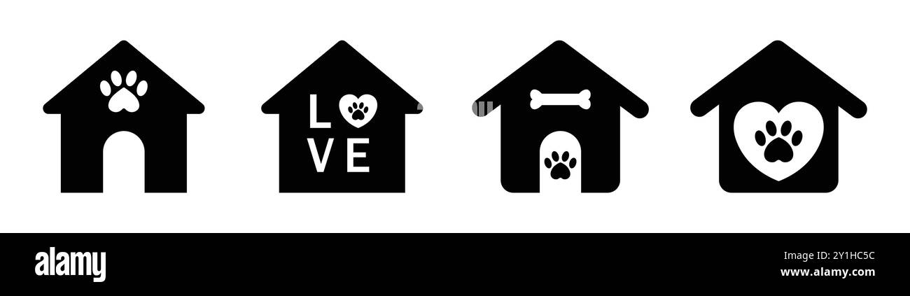 Doghouse-Ikone mit Knochen-, Liebe-, Herz- und Pfotensymbolen. Doghouse-Vektor-Symbol in Schwarz-weiß-Farbe. Vektorabbildung. Stock Vektor