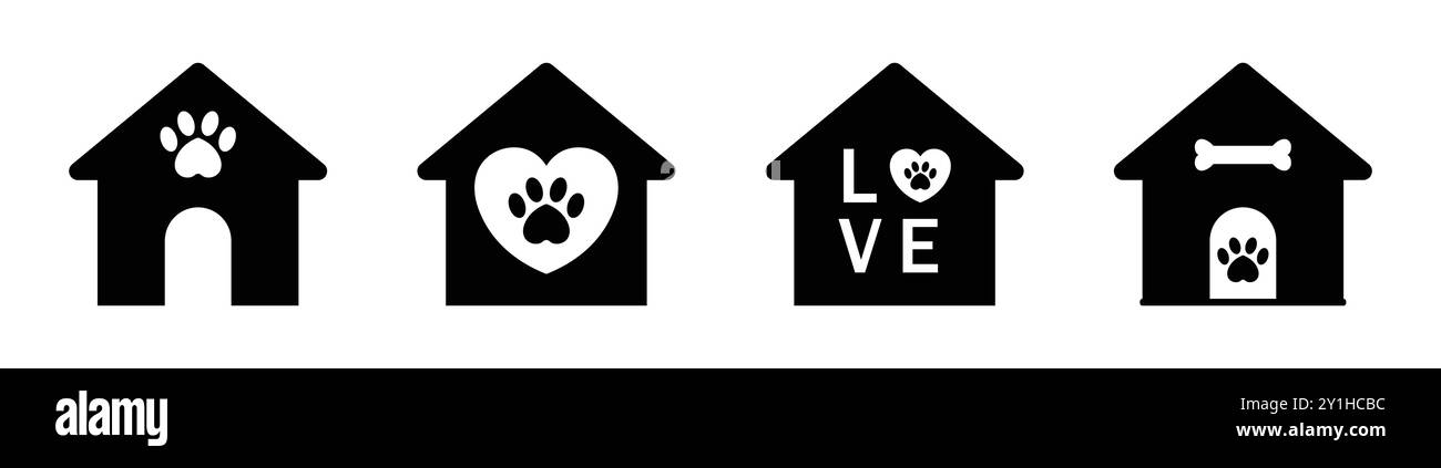 Doghouse-Ikone mit Knochen-, Liebe-, Herz- und Pfotensymbolen. Doghouse-Vektor-Symbol in Schwarz-weiß-Farbe. Vektorabbildung. Flaches Design. Stock Vektor