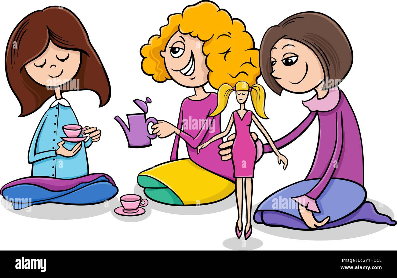 Cartoon-Illustration von niedlichen Mädchen mit Spielzeug-Teetassen und Puppe-Spielhaus Stock Vektor