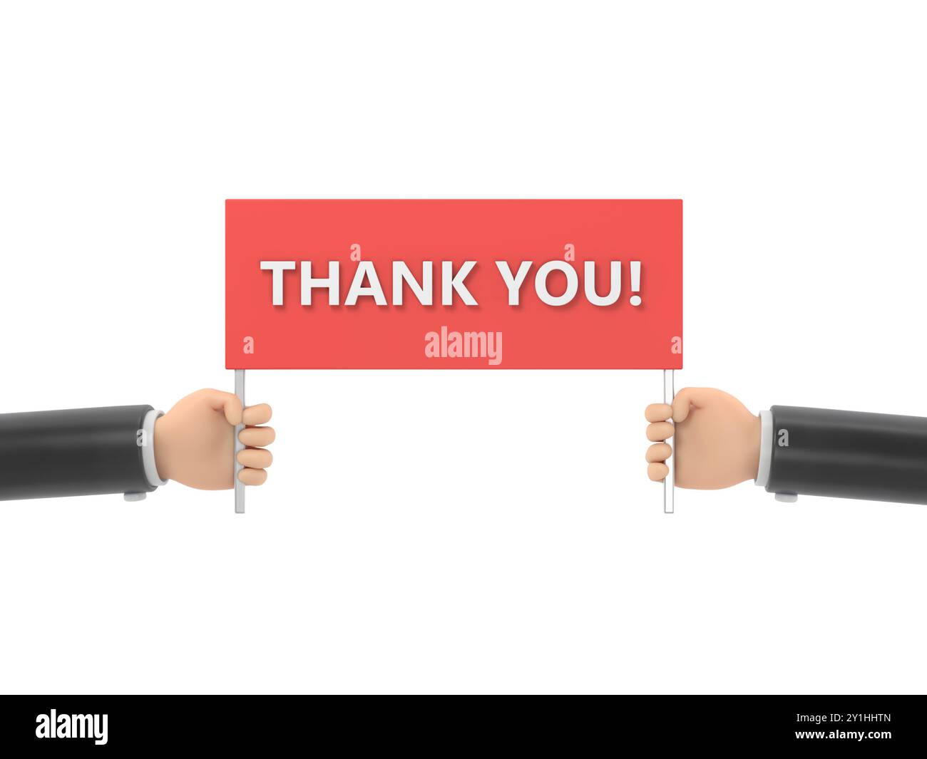 Cartoon Gesture Symbol Mockup.menschliche Hände halten rote Platte mit den Worten Danke,Illustration in flacher Form.3D-Rendering auf weißem Hintergrund. Stockfoto