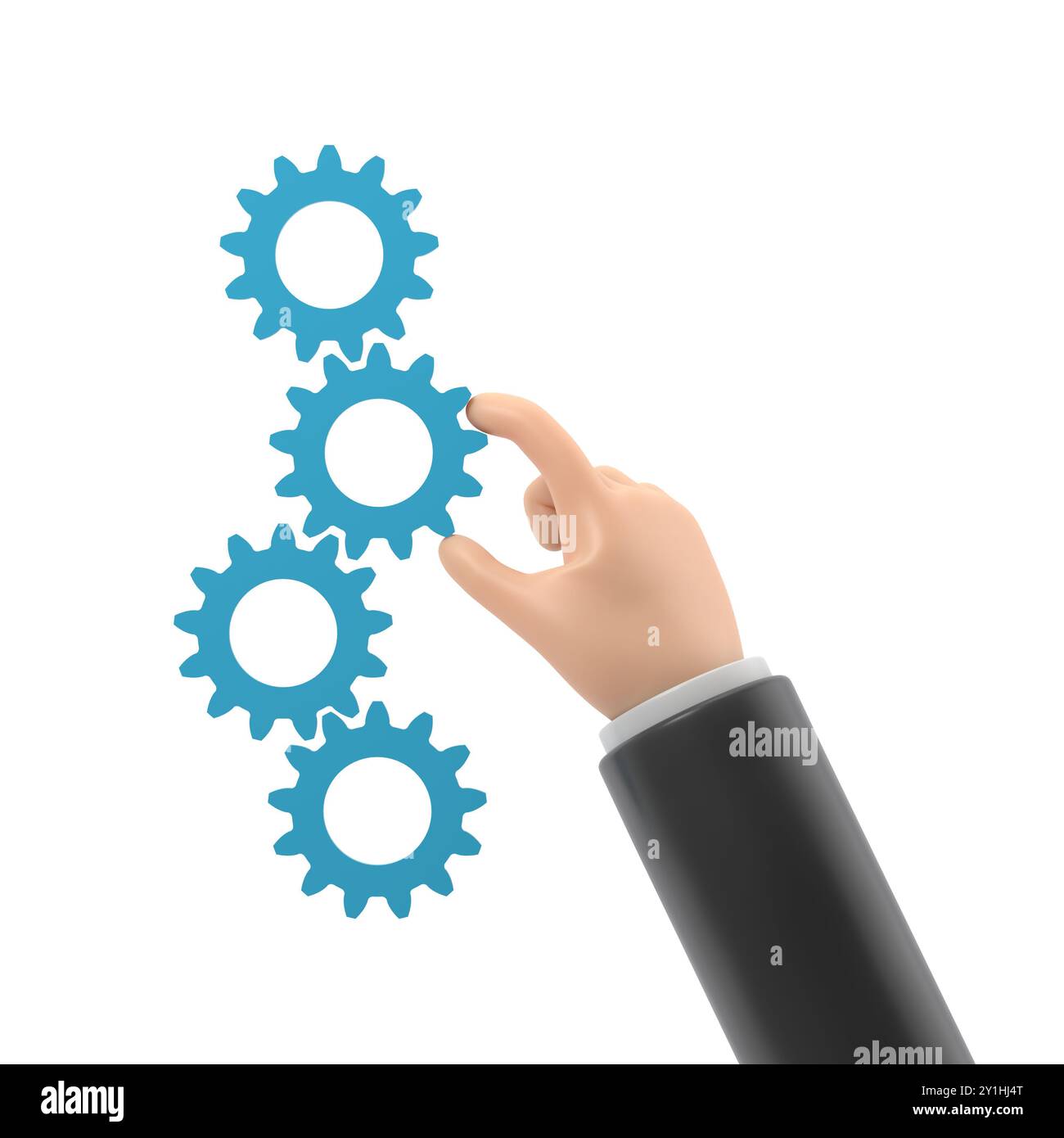 Cartoon Gesture Symbol Mockup.Asset Management Konzept. Zahnräder des Mechanismus einstellen. Flache 3D-Illustration. Der Geschäftsmann hält ein Gerät in der Hand. Stockfoto