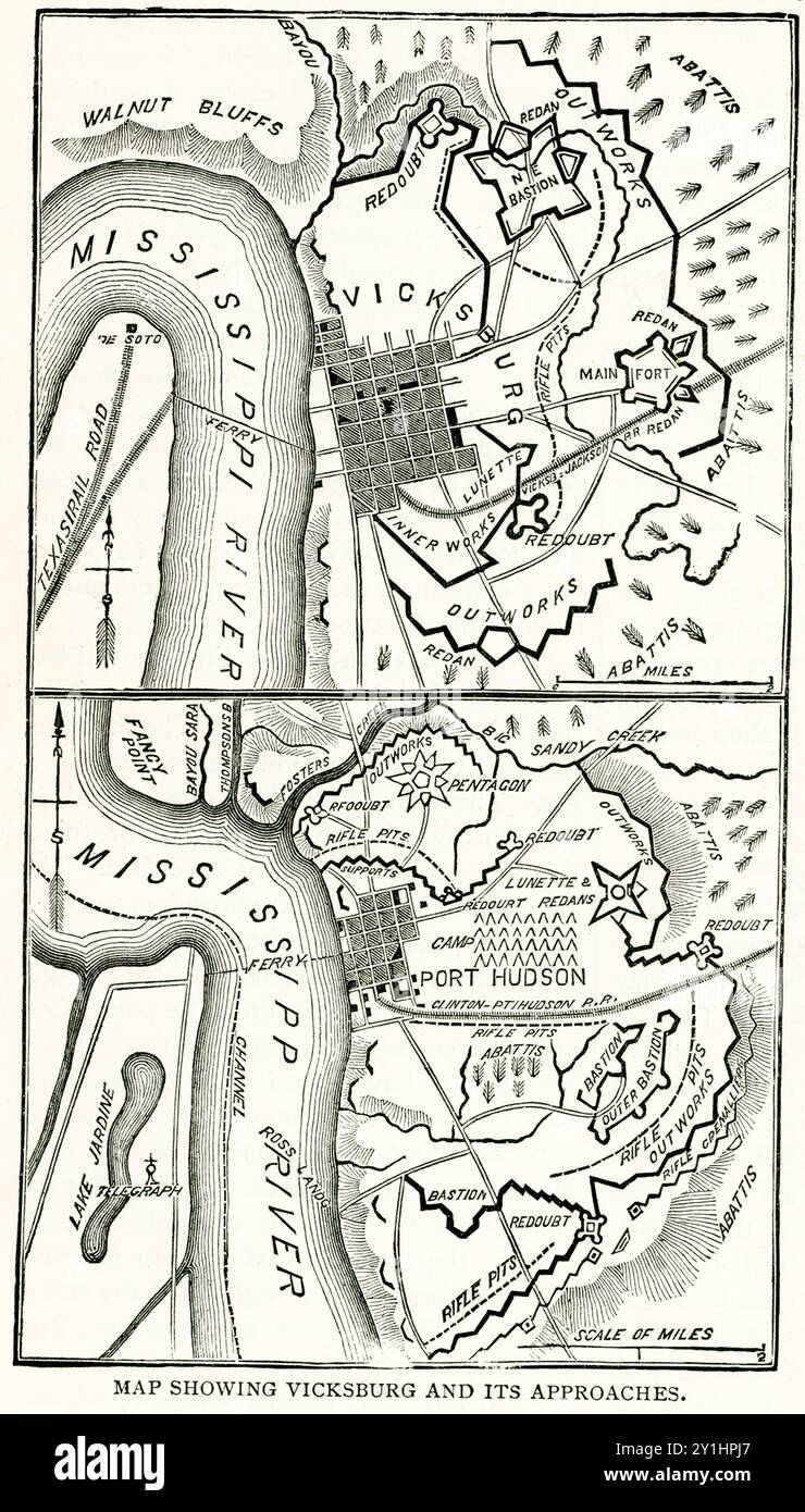 Diese Karte aus den späten 1800er Jahren zeigt Vicksburg und die Annäherungen zur Stadt während des Bürgerkriegs. Die Schlacht bei Vicksburg, die 1863 stattfand, war ein entscheidender Sieg der Union während des Amerikanischen Bürgerkriegs. Die Schlacht war Teil des Anaconda-Plans der Union, den Handel mit der Konföderation zu unterbinden. Der Generalmajor der Union Ulysses S. Grant führte die Truppen an, die Vicksburg belagerten, eine Festung der Konföderierten am Ostufer des Mississippi. Stockfoto Diese Karte aus den späten 1800er Jahren zeigt Vicksburg und die Annäherungen zur Stadt während des Bürgerkriegs. Die Schlacht bei Vicksburg, die 1863 stattfand, war ein entscheidender Sieg der Union während des Amerikanischen Bürgerkriegs. Die Schlacht war Teil des Anaconda-Plans der Union, den Handel mit der Konföderation zu unterbinden. Der Generalmajor der Union Ulysses S. Grant führte die Truppen an, die Vicksburg belagerten, eine Festung der Konföderierten am Ostufer des Mississippi. Stockfoto